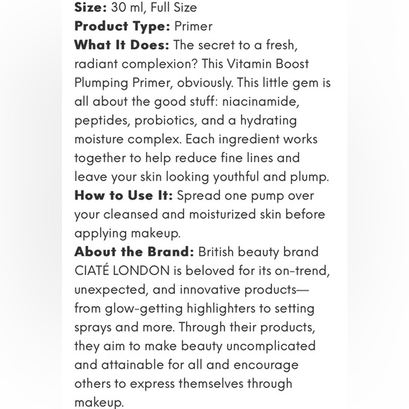 🌟Ciate London Vitamin Boost Plumping, Barrier Boosting Skin Primer - Picture 2 of 2